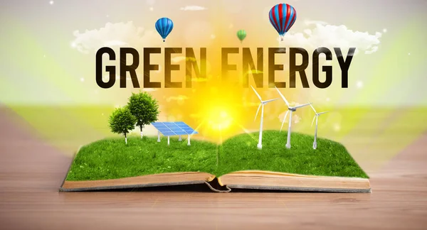Open Book Green Energy Inscription Renewable Energy Concept — Stock Photo, Image