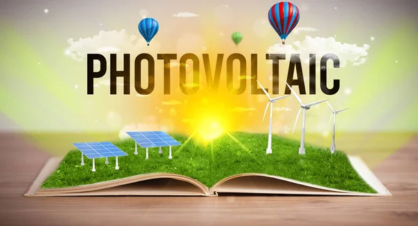 Photovoltaic碑文とオープンブック 再生可能エネルギーの概念 — ストック写真