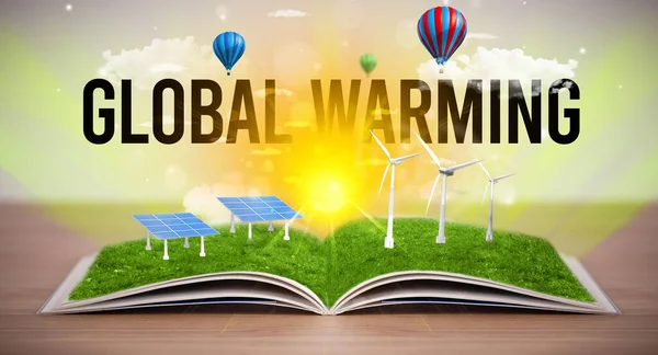 Open Book Global Warming Inscription Renewable Energy Concept — Stock Photo, Image