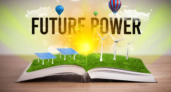 Livro Aberto Com Inscrição Future Power Conceito Energia Renovável — Fotografia de Stock