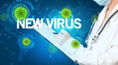 Doktor tıbbî kayıtları NEW VIRUS yazıtları, viroloji konseptiyle dolduruyor.