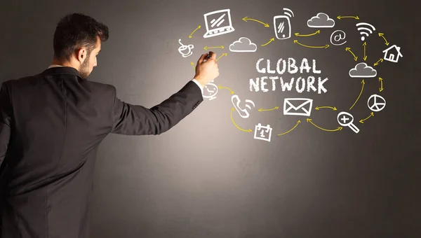 Geschäftsmann Zeichnet Social Media Ikonen Mit Global Network Aufschrift New — Stockfoto
