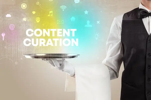 Waiter serving social networking with CONTENT CURATION inscription, new media concept