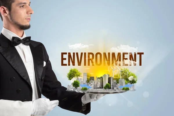 Waiter Serving Eco City Environment Inscription Renewabke Energy Concept — Stock Photo, Image