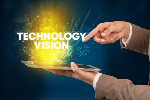 Close-up of a touchscreen with TECHNOLOGY VISION inscription, innovative technology concept