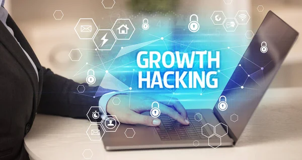 Growth Hacking Inscription Laptop Internet Security Data Protection Concept Blockchain — Stock Photo, Image