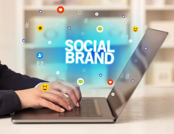Freelance Woman Using Laptop Social Brand Inscription Social Media Concept — Stock Photo, Image
