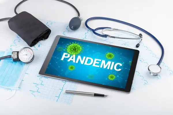 Close View Tablet Pandemic Inscription Microbiology Concept — Stock Photo, Image