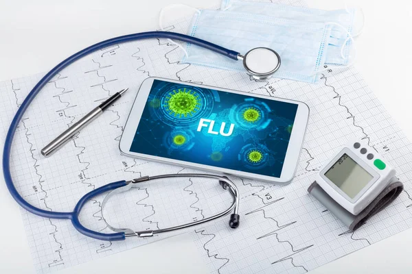 Close View Tablet Flu Inscription Microbiology Concept — Stock Photo, Image