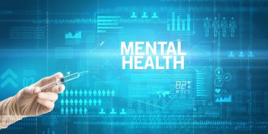 Doktorların yakın plan görüntüsü elinde şırınga tutan beyaz bir eldiven, üzerinde MENTAL Sağlık Yazıtları, Sağlık ve Tıbbi Konsept