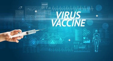 Virüs aşısı ile şırınga iğnesi ve VIRUS VACCINE yazıtları, panzehir konsepti