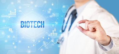 Doktor BIOTECH yazıtlı bir hap veriyor, yeni teknoloji çözüm konsepti