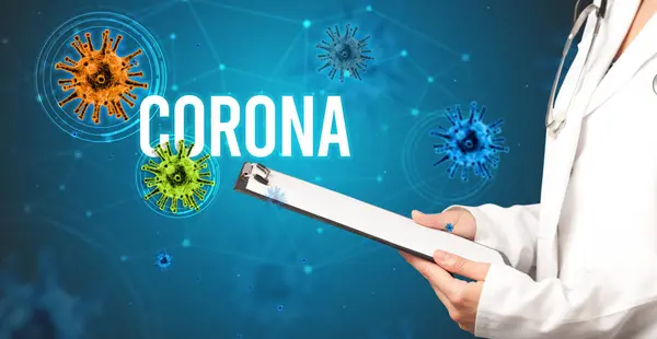 Doctor Prescribes Prescription Corona Inscription Pandemic Concept — Stock Photo, Image