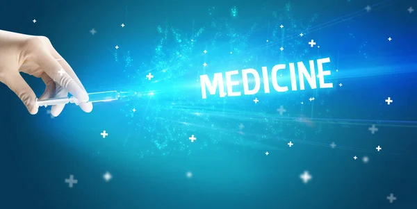 Spuit Medische Injectie Hand Met Medicine Inscriptie Medisch Tegengif Concept — Stockfoto