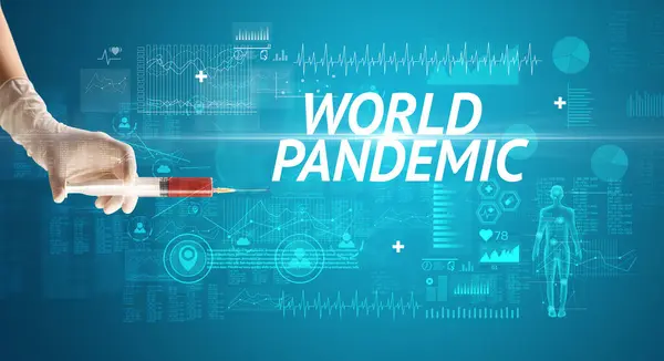 Шприц Голка Вірусною Вакциною Написом World Pandemic Концепція Антидот — стокове фото