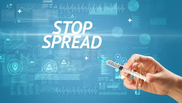 Spritzennadel Mit Virusimpfung Und Stop Spread Aufschrift Gegengift Konzept — Stockfoto