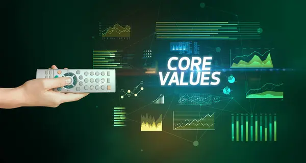 Mano Con Periférico Inalámbrico Con Inscripción Core Values Concepto Negocio — Foto de Stock