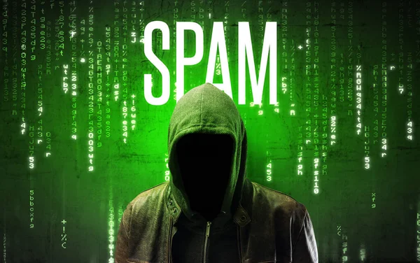 Faceless Hacker Spam Inscription Hacking Concept — Stock Photo, Image