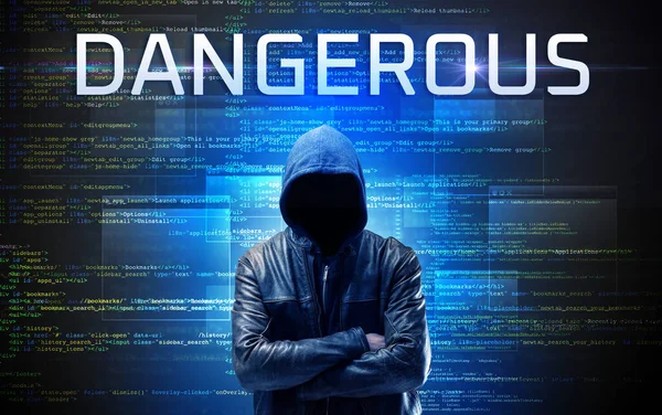 Faceless Hacker Dangerous Inscription Binary Code Background — Stock Photo, Image