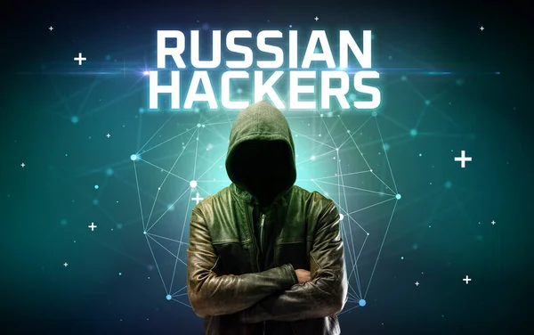 Mysterious Hacker Russian Hackers Inscription Online Attack Concept Inscription Online — Stock Photo, Image