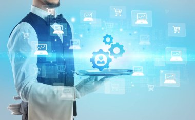 Genç garson tepside vites simgeleri sunuyor, yeni iş modeli konsepti