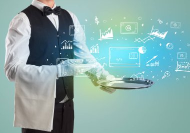 Smokinli yakışıklı garson tepside kart simgeleriyle, küresel pazar konsepti