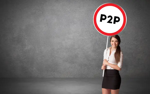 Young Business Person Holdig Traffic Sign P2P Abbreviation Technology Solution — Stock Photo, Image