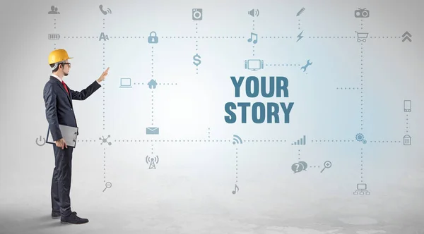 Engineer working on a new social media platform with YOUR STORY inscription concept