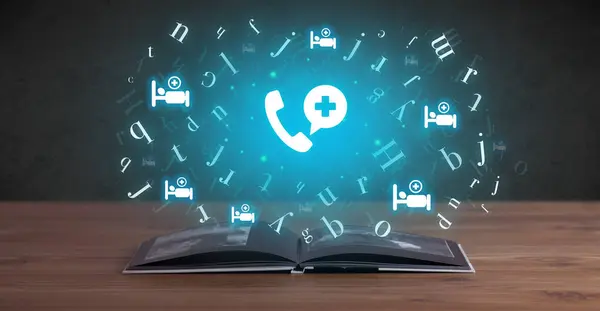 Open medical book with emergency call icons above, global health concept