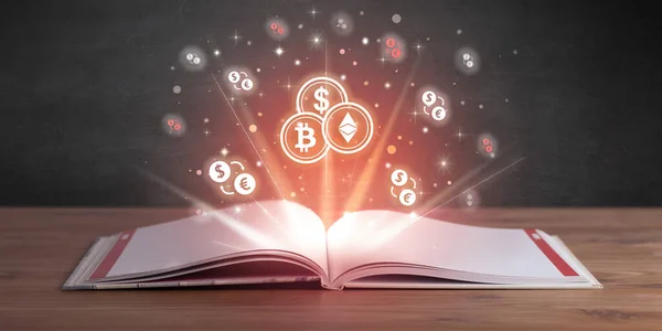 Open book with cryptocurrencies icons above, currency exchange concept