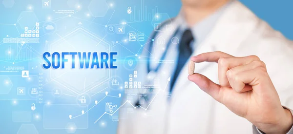 Doctor Giving Pill Software Inscription New Technology Solution Concept — Stock Photo, Image