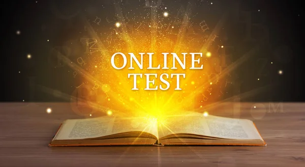 ONLINE TEST inscription coming out from an open book, educational concept