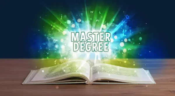 Master Degree Inscription Coming Out Open Book Educational Concept — Stock Photo, Image