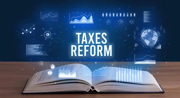 Impuestos Reforma Inscripción Que Sale Libro Abierto Concepto Negocio Creativo —  Fotos de Stock