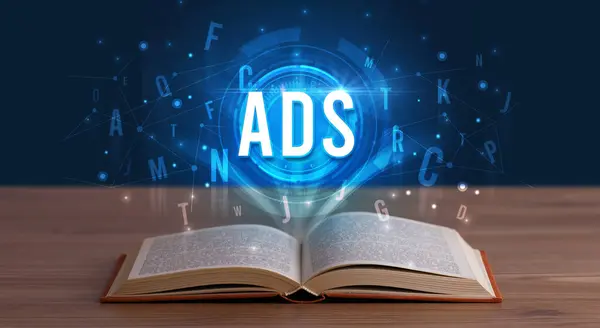 ADS inscription coming out from an open book, digital technology concept