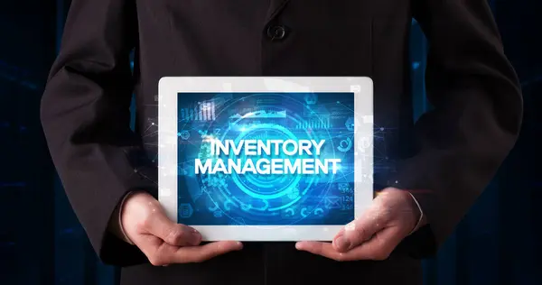 Young Business Person Working Tablet Shows Inscription Inventory Management Business — Stock Photo, Image
