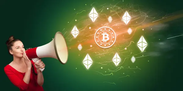 Young person yelling in megaphone and bitcoin icon, currency exchange concept