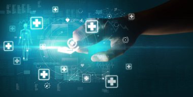 Doktor el, ekranda sağlık sembolü olan fütüristik sağlık aygıtı, fütüristik konsept