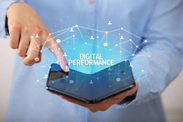 Businessman Holding Foldable Smartphone Digital Performance Inscription New Technology Concept — Stock Photo, Image