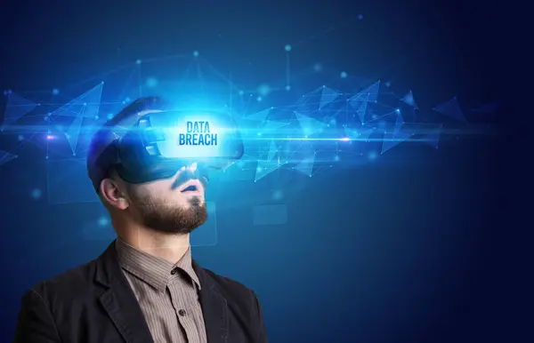 Businessman Looking Virtual Reality Glasses Data Breach Inscription Cyber Security — Stock Photo, Image