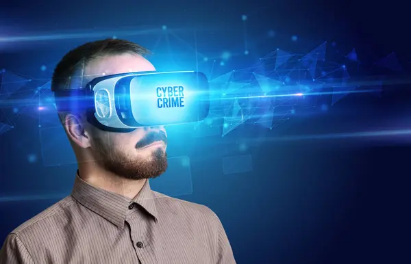 Businessman Looking Virtual Reality Glasses Cyber Crime Inscription Cyber Security — Stock Photo, Image