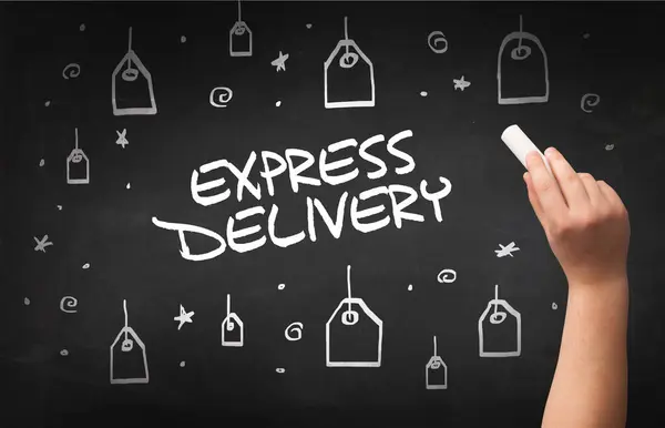 Hand drawing EXPRESS DELIVERY inscription with white chalk on blackboard, online shopping concept