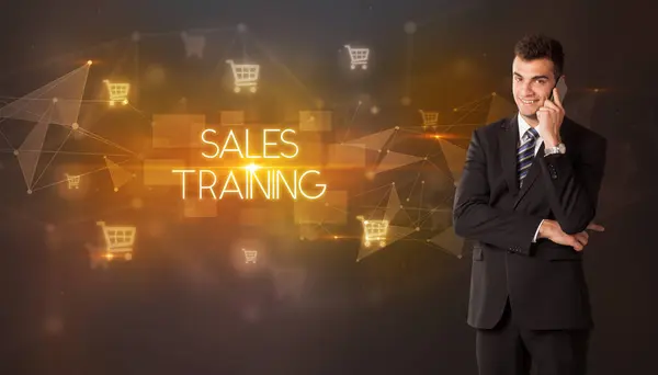 Zakenman Met Winkelwagenpictogrammen Sales Training Inscriptie Online Shopping Concept — Stockfoto