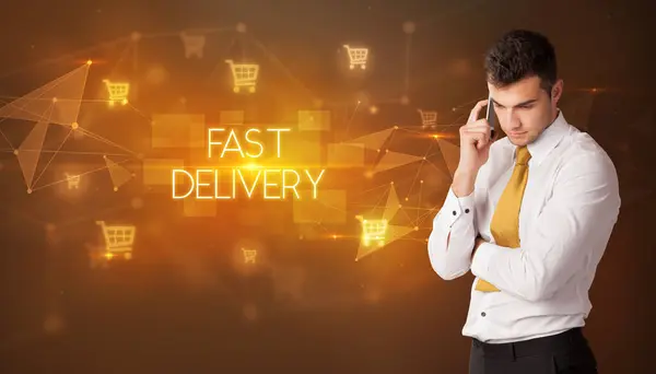 Alışveriş Arabası Ikonları Fast Delivery Yazıtları Olan Bir Işadamı Online — Stok fotoğraf