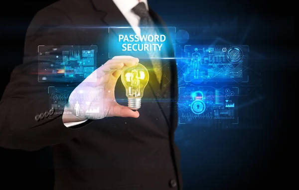 Бізнесмен Тримає Лампочку Написом Password Security Концепція Онлайн Безпеки — стокове фото