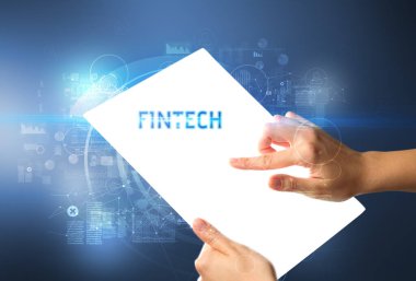 FINTECH yazıtlı el yapımı fütüristik tablet, yeni teknoloji kavramı