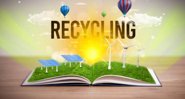 RECYCLING yazıtlı açık kitap, yenilenebilir enerji kavramı