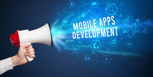 Mladá Žena Křičí Megafonem Nápisem Mobile Apps Development Koncepce Moderních — Stock fotografie