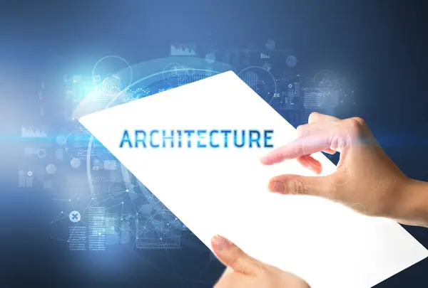 Hand Holdig Futuristic Tablet Architecture Inscription New Technology Concept — Stock Photo, Image