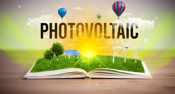 Libro Aperto Con Iscrizione Fotovoltaica Concetto Energia Rinnovabile — Foto Stock